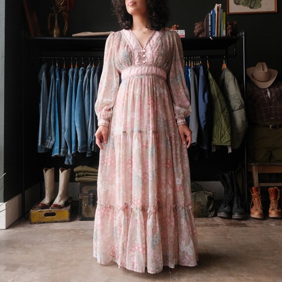 Vintage 70s Pink Floral Prairie Maxi Dress 6