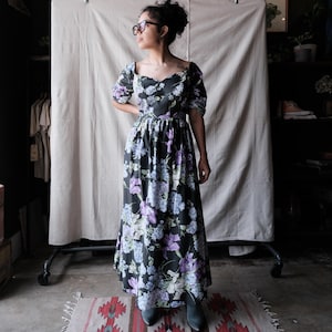 Vintage 80s Loralie Black Floral Midi Cotton Dress Women’s Large