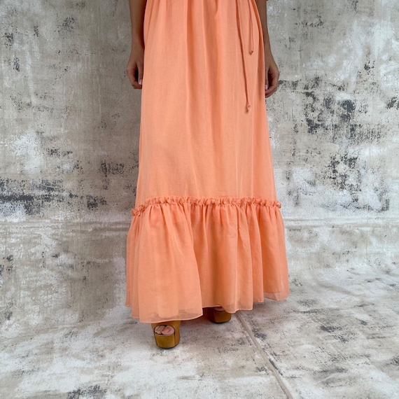 Vintage 70s Off Shoulder Ruffled Peach Maxi Dress - image 2