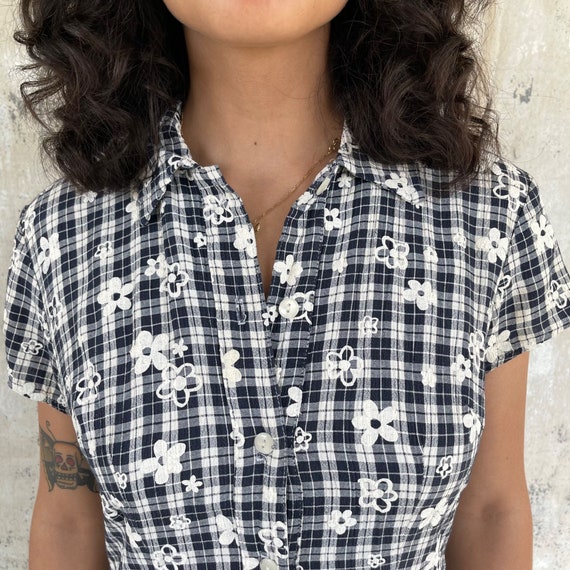 Vintage 90s Rampage Floral Navy Plaid Collared Ma… - image 6