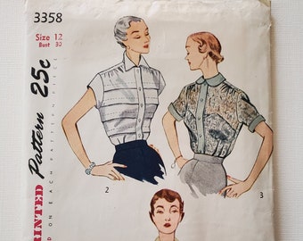 Simplicity 3358, Vintage 1950s Sewing Pattern - Misses' Fitted Blouse w/ Button Front, Long or Short Sleeves - Misses' Size 12, Bust 30"