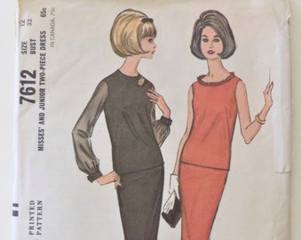 McCall's 7612, Vintage 1960s Sewing Pattern - Misses' and Junior Two-Piece Dress - Miss Size 12, Bust 32" - UNCUT and FF