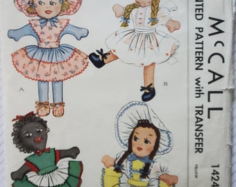 RARE McCall 1424 Vintage 1940s Sewing Pattern, Designs for Four Stuffed Dolls and Wardrobes, Transfers for Embroidery Faces, 15.5" inch tall