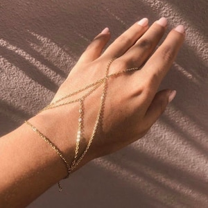 Gold hand chain bracelet | Dainty ring chain bracelet