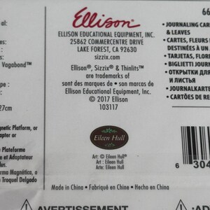 Op de afbeelding: Een wit productverpakkingslabel met het rode Ellison-logo, het adres van Ellison Educational Equipment, Inc. in Lake Forest, CA, en merkinformatie. Het bevat een ovaal Eileen Hull-logo, een streepjescode en de tekst Made in China.