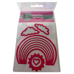 Conjunto de matrizes de arco-íris rosa e principal, nuvens, sol, céu, cartão, artesanato, scrapbooking
