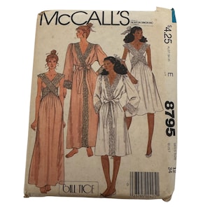 May include: Vintage McCall's sewing pattern with illustrations of women's loungewear designs. The pattern includes a long robe, a short robe, and a dress, all with lace trim. The pattern number is 8795, and the price is £3.40.