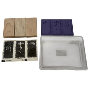 May include: A collection of floral-themed stamps and accessories. The set includes wooden stamp blocks, a purple stamp with flower designs, a clear plastic case, and three reverse print stamps with botanical illustrations.