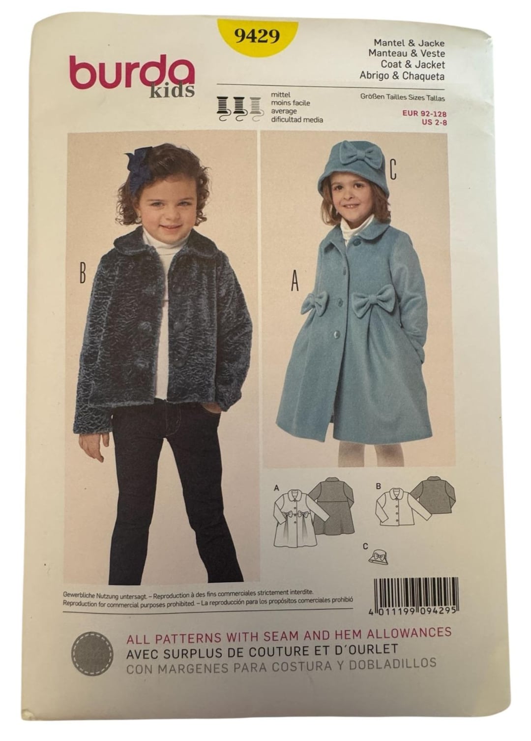 Burda Sewing Pattern 9429 Kids Coat Jacket Girls 2-8 Fall Winter Wool ...