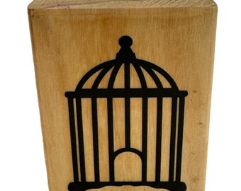 Diseño de jaula de pájaros, sello de goma montado en madera, fabricación de tarjetas de jaula de pájaros, manualidades