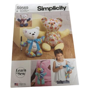 May include: Simplicity sewing pattern number S9569 for making a teddy bear. The pattern includes instructions for making a small teddy bear with a tie and a larger teddy bear with a floral print. The pattern also includes instructions for making a backpack with a teddy bear charm.