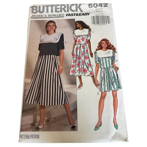 May include: A vintage Butterick sewing pattern, Jessica Howard design, featuring illustrations of women's outfits. The pattern includes a top with a sailor collar and a striped skirt, a floral dress, and a striped dress with floral accents. The pattern size is 6-8-10.