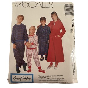 May include: McCall's sewing pattern package featuring children in pajamas and a robe. The package includes the text "Lanz of Salzburg" and a warning about open flames. The pattern number is P280, with sizes CJ (10-12-14).