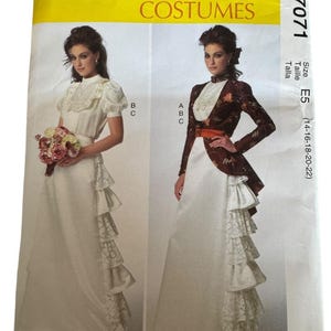 May include: McCall's Costumes sewing pattern M7071. The pattern features two vintage dress designs. One dress has a high neckline and short sleeves, while the other has a high collar and a floral-patterned jacket. The size is E5 (14-16-18-20-22).