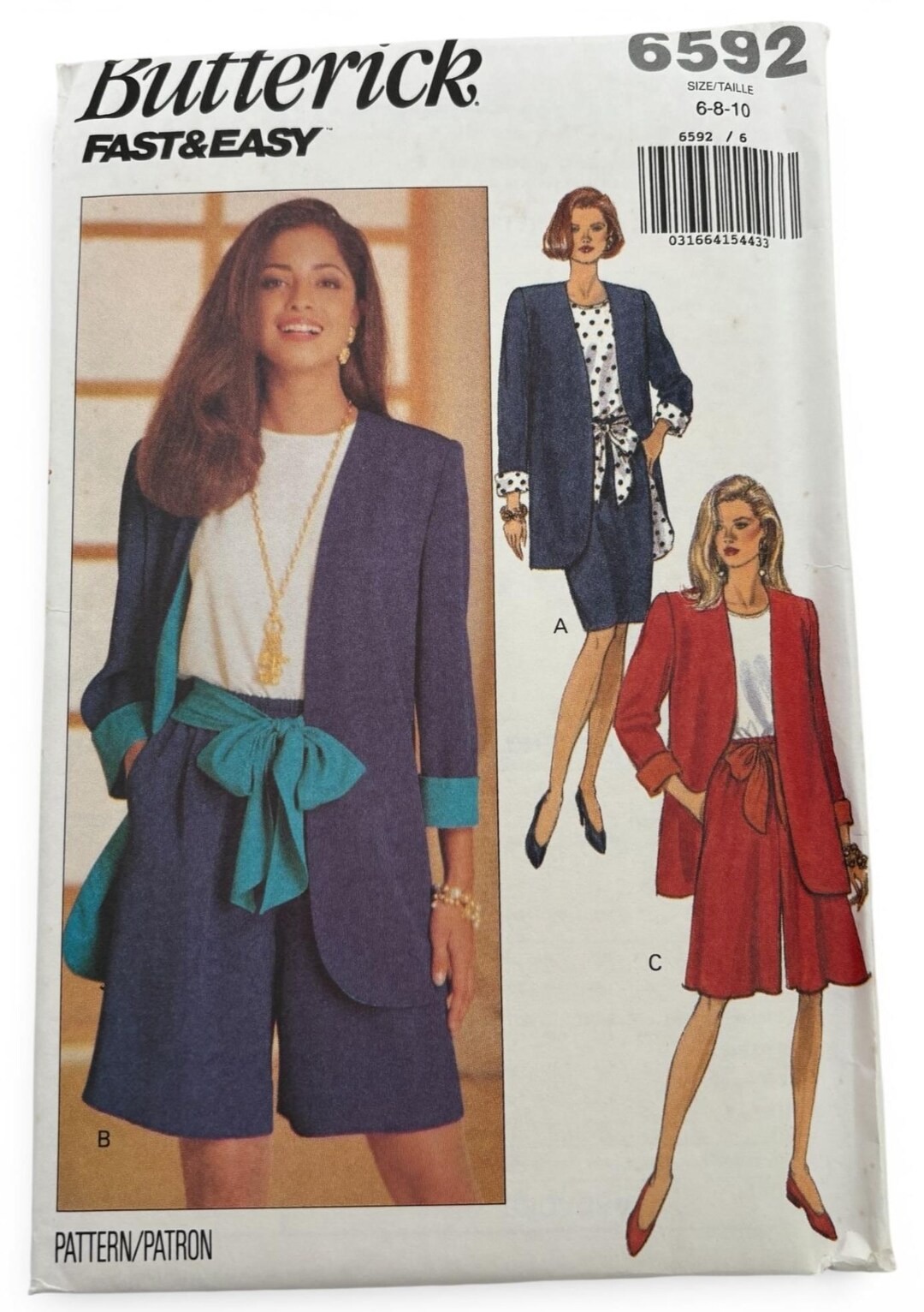 Butterick Sewing Pattern 6592 Jacket Top Skirt Shorts Easy 6 8 10 90s ...