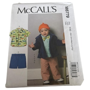 McCalls Sewing Pattern M6779 Baby Outfit Jacket Shirt Pants Shorts Bow Tie Uncut