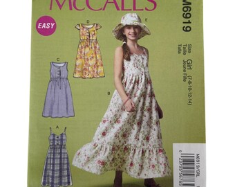McCalls Sewing Pattern M6919 Girls Summer Dress Hat Cottagecore Easy 7-14 Uncut Spring Party