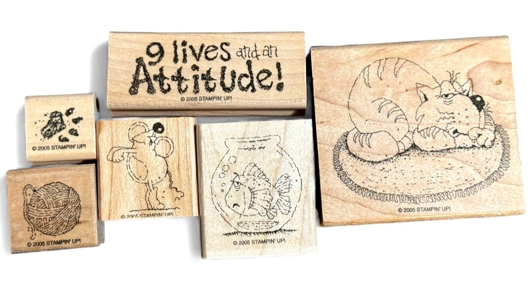Stampin up Wood Rubber Stamps Set Cattitude Cat Yarn Fish Bowl Paw ...