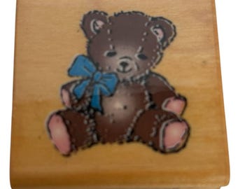 Sello de goma montado en madera Comotion, osito de peluche con lazo, juguete navideño vintage 124