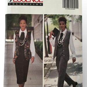 May include: A vintage Butterick Essence Collection sewing pattern, number 6410, featuring two women's business attire designs. The pattern includes a dress with a vest and a pinstripe suit with a vest. The size range is 6-8-10.