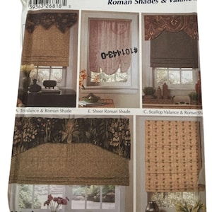 May include: Package of Roman shades and valances. The package features five classic shade designs, including a sheer Roman shade and a scallop valance with a Roman shade. The shades are displayed in a window setting.