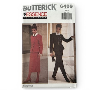 May include: A Butterick Essence Collection sewing pattern, size 6-8-10, featuring two suit designs. The pattern envelope displays a red skirt suit and a black pantsuit. The pattern number is 6409.
