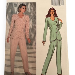 May include: A Butterick sewing pattern featuring two women's suit designs. One suit is a light pink lace jacket and pants, the other is a light green suit with a unique button closure. The pattern is labeled "Jessica Howard Fast & Easy".