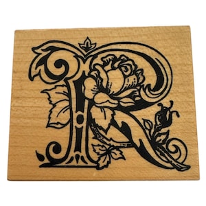 Sello de goma PSX con letra botánica R inicial y rosa para hacer tarjetas con flores florales