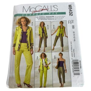 May include: Sewing pattern for a women's outfit with a jacket, vest, and trousers. The pattern includes instructions for making a yellow jacket with a purple and white striped trim, a yellow vest with a purple and white striped trim, and yellow trousers with a purple and white striped trim. The pattern is for sizes 8-10-12-14.