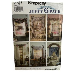May include: Simplicity Abbie's Jiffy 6 Pack sewing pattern. The package features six window treatment designs, each showcasing different curtain and valance styles. The package includes the text "Minnesota Fabrics" and the number "7721".