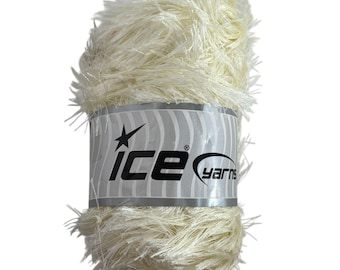 May include: A skein of off-white, fluffy yarn. The yarn has a textured, fuzzy appearance. The label reads "ice yarns" with a star logo. This yarn is suitable for knitting and crochet projects.