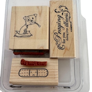 Peut inclure: Un ensemble de tampons en bois dans un récipient en plastique transparent. Les tampons représentent un chien malade, un pansement avec un visage triste et le texte "Praying for you during your illness".