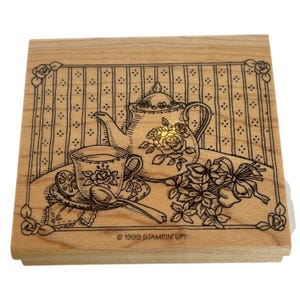 Stampin Up Holz Stempel Teekanne Teetasse Tee-Set Teeparty Einladung Freunde