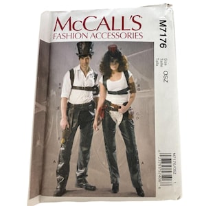 May include: McCall's Fashion Accessories sewing pattern M7176 for chaps and hats. The envelope features two individuals wearing white shirts, dark chaps, and hats. Text includes McCall's, Fashion Accessories, M7176, and Size OSZ with a barcode.