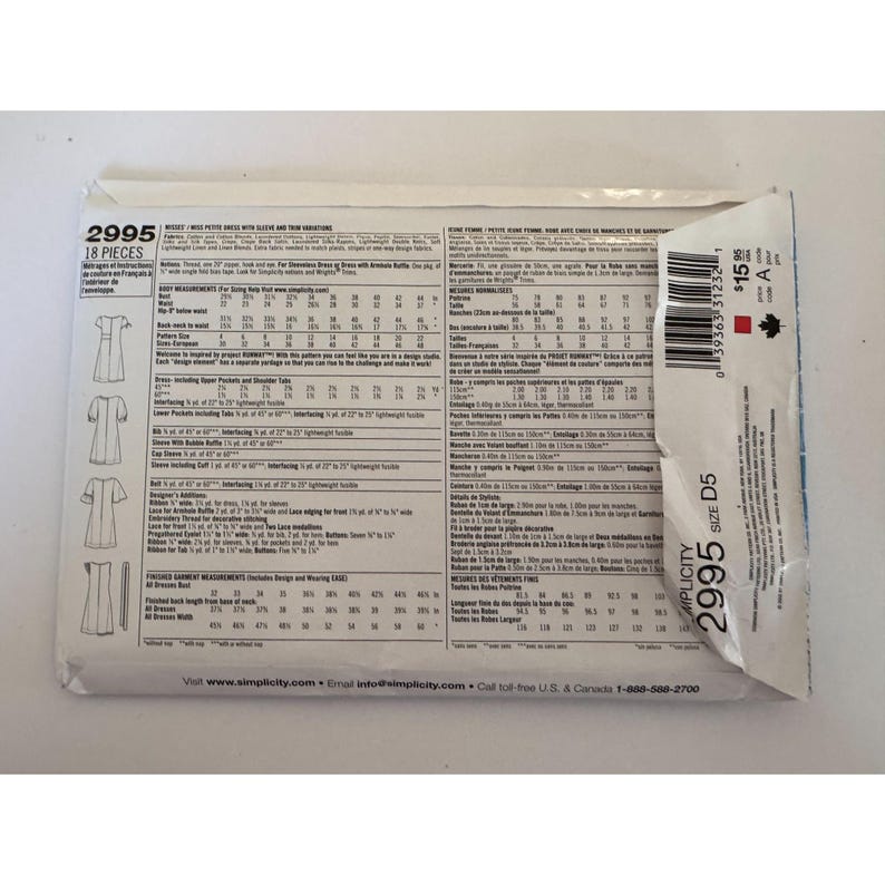 May include: A white paper sewing pattern envelope for Simplicity model 2995, featuring 18 pieces for a dress with sleeve and trim variations. The back of the envelope displays detailed body measurements, fabric requirements, and technical illustrations.