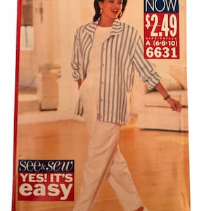 Puede incluir: Una portada de patrón de costura vintage con una mujer vestida con un atuendo blanco y una chaqueta a rayas azules y blancas. La portada incluye el texto "see & sew" y el precio. El texto "YES! IT'S easy" también es visible.
