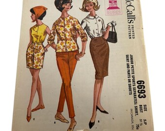 McCalls Sewing Pattern 6693 Junior Petite Shirt Skirt Pants Shorts 5JP 1962
