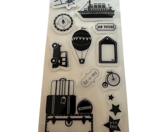 Conjunto de carimbos de viagem Heidi Grace, avião, navio, balão de ar quente, bagagem, bússola