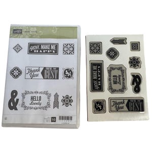 Juego de 10 sellos de goma de Stampin Up con la frase Hello Lovely Thank You para hacer tarjetas con palabras en forma de flecha