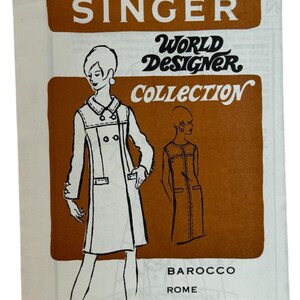 May include: Vintage Singer World Designer Collection sewing pattern. The pattern features a white coat design with a double-breasted closure and a collar. The text on the pattern reads "Barocco Rome Exclusive Design 5107 Size 14."