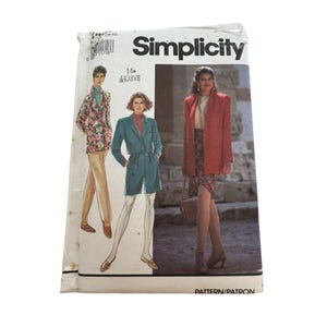 May include: Simplicity sewing pattern number 4438V8 for sizes 14. The pattern features three different outfits: a red blazer with a skirt, a teal jumpsuit, and a floral blazer with pants. The pattern is on a white background with the Simplicity logo at the top.
