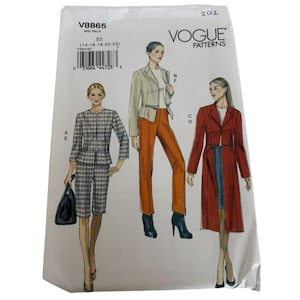 May include: Vogue Patterns sewing pattern V8865. The pattern features illustrations of women's suits and coats. The pattern includes sizes 14-16-18-20-22. The pattern is printed on white paper with the Vogue Patterns logo.