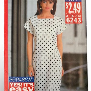 May include: A vintage sewing pattern cover featuring a woman in a white dress with black polka dots. The pattern is for a dress with a square neckline and short sleeves. The cover includes the text "See & Sew" and "Yes! It's Easy."