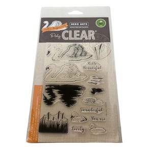Juego de sellos Hero Arts Poly Clear con capas de colores, lago de los cisnes, hermosas palabras, naturaleza