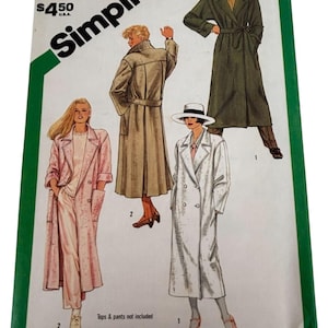 May include: A vintage Simplicity sewing pattern showcasing illustrations of long coats in diverse styles and colours. The pattern includes a pink, beige, white, and olive green coat. The word "Simplicity" is displayed, along with the price.