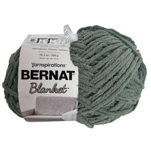 Könnte beinhalten: Ein Knäuel salbeigrünes Bernat Blanket Garn aus 100 % Polyester. Das weiße Papieretikett zeigt den Markennamen, ein Gewicht von 300 g, eine Lauflänge von 201 m und Pflegehinweise. Das Garn hat eine dicke, weiche Textur im Chenille-Stil.