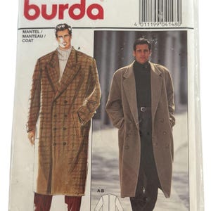 May include: A Burda pattern for a coat, featuring illustrations of two different coat styles. The pattern packet is in a clear plastic sleeve. The text on the packet includes "MANTEL / MANTEAU / COAT" and size information.