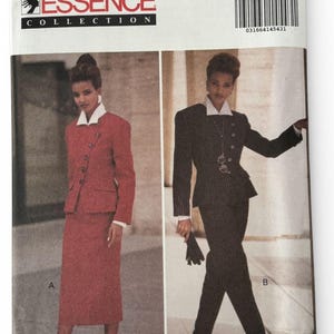 May include: Butterick Essence Collection sewing pattern featuring two women's suit designs. One suit is a red skirt suit, and the other is a pinstripe pantsuit. The pattern size is 12-14-16.