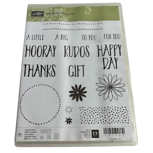 Conjunto de carimbos acrílicos Stampin Up, cartão perfeitamente embalado, palavras Kudos Border