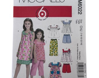 McCalls Sewing Pattern M6022 Girls Top Dress Shorts Pants Summer Outfit 7-14 Uncut